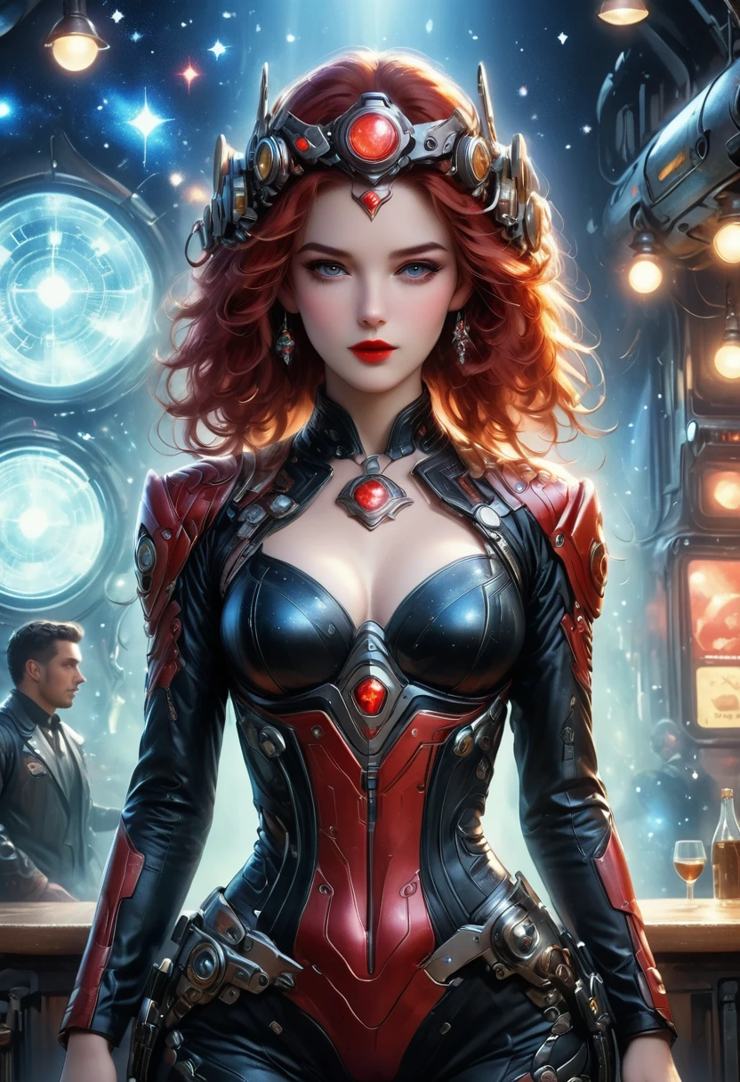 masterpiece, pale skin, red lips, light eyes, Eyeshadow, Frontal photo of a red-haired beauty with medium curly hair standing in the Star Tavern，Cyberpunk cowboy in interstellar tavern，Futuristic starry sky background，Alien Technology，Mechanical Cowboy，Wearing a red and black mechanical suit, Mafia style mechanical suit,Wearing a stylish cowboy hat，Jeans and high heels, Very detailed body, Alien Technology in detail, chiaroscuro, Natural light, Very detailed,