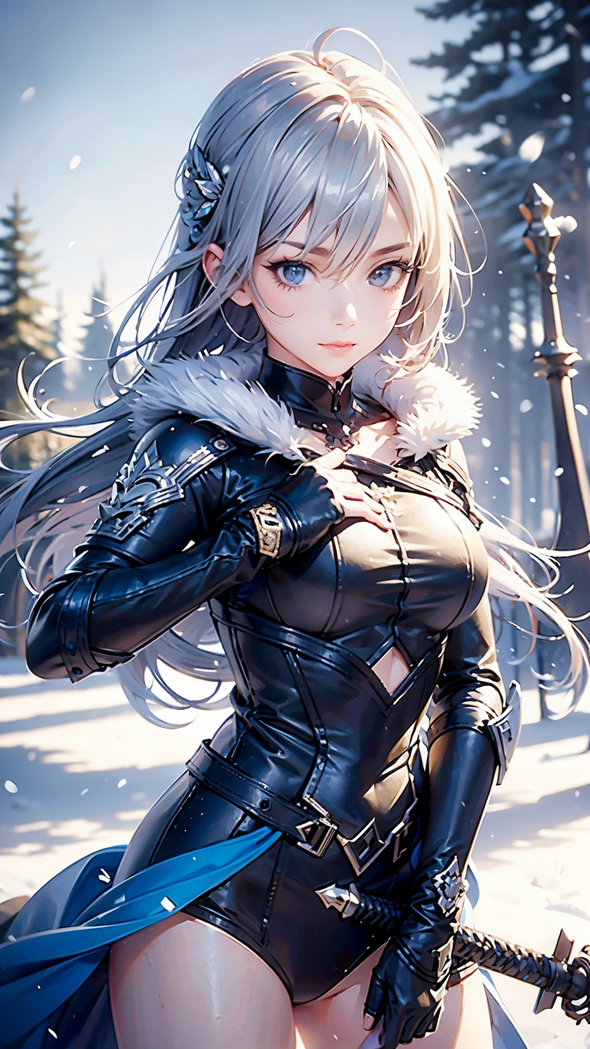 (best quality,4k,highres),(realistic,physically-based rendering),a girl,armor:simple,winter,fur,holding a sword,serious expression,vivid colors,portrait,sharp focus,studio lighting,detail of the eyes,metal texture,cold environment,forest background,falling snow,smoke effect