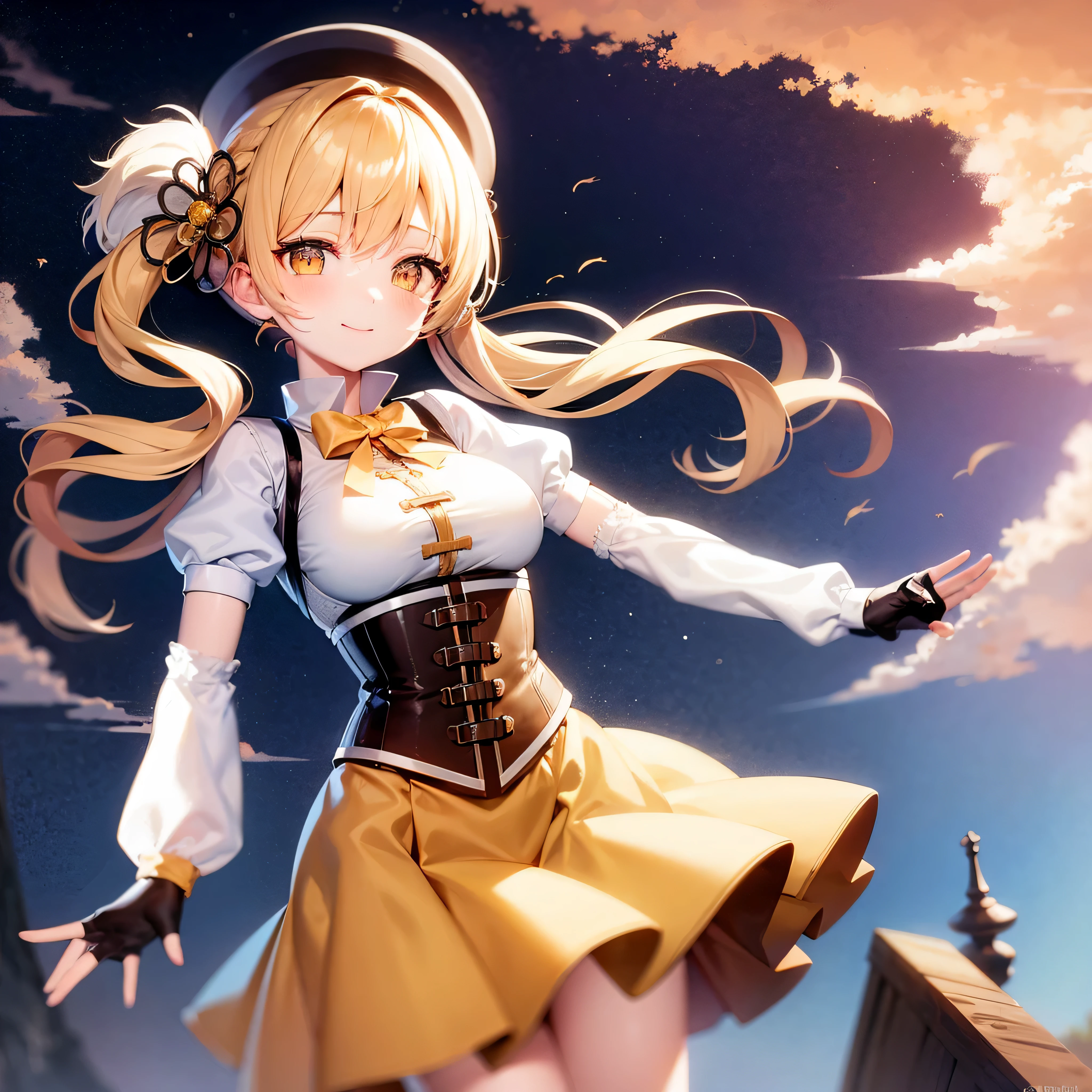 Tabletop, highest quality, One Girl, (mami tomoe), Blonde, Drill Hair, Twin Drill, (Yellow Eyes:1.2), Brown gloves, corset, Removable sleeves, Fingerless gloves, smile, Have, Magic , Puffy sleeves, Striped thighs, Yellow Skirt, Covered nipples, chest, npclearly, clearly , hidden private, The crotch is partially visible, Sky Porn, evening, sunset