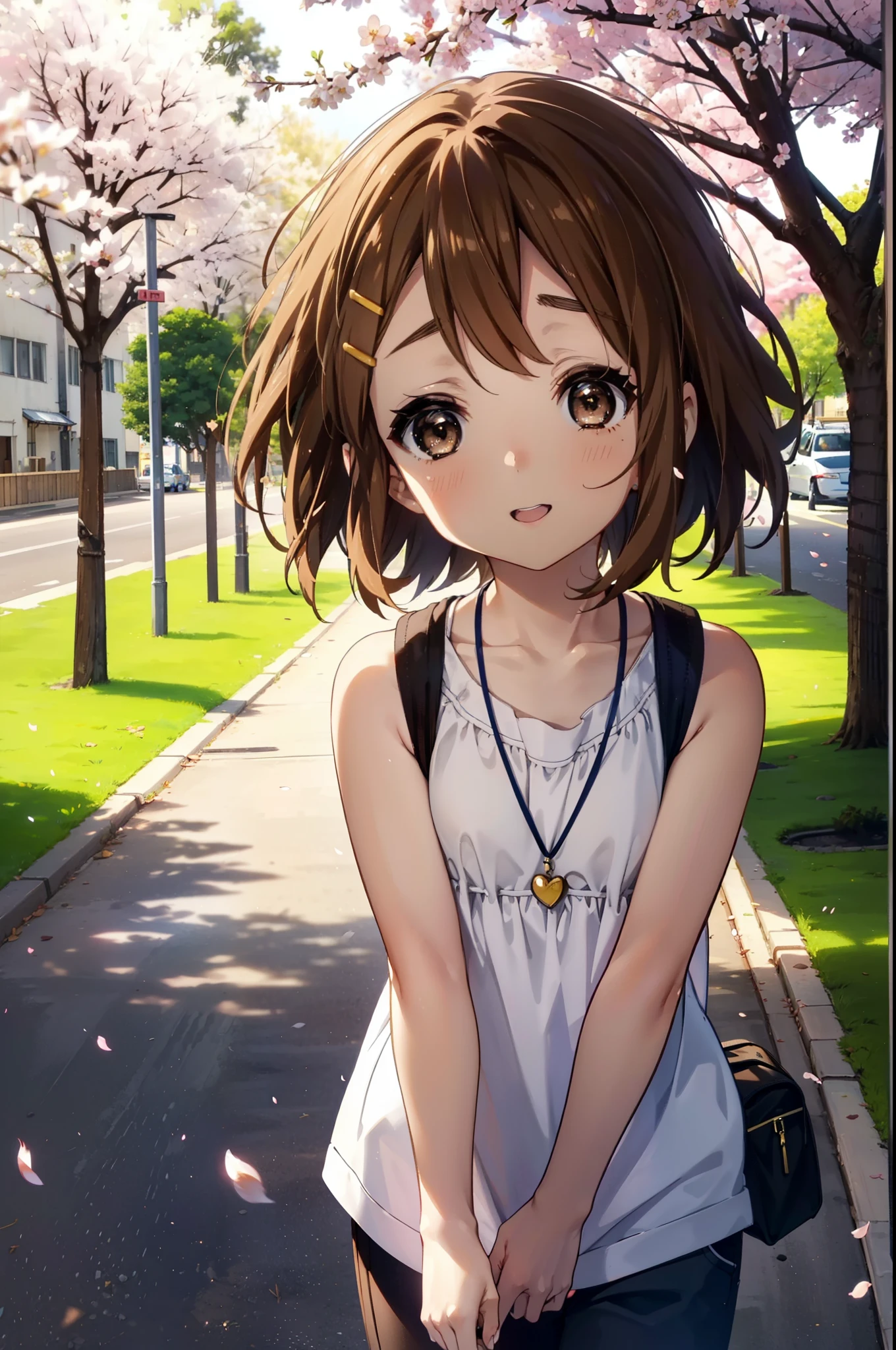 yuihirasawa, Yui Hirasawa, short hair, brown hair, hair ornaments, (Brown eyes:1.5), happy smile, smile, Open your mouth,Hair Clip,Long-legged vest,Tank top shirt,Bare arms,Bare neck,Heart Necklace,skinny pants,Stiletto heels,Cherry blossoms are blooming,Cherry blossoms are scattered,Cherry blossom tree-lined path,evening,sunset,The sun is setting,Looking down from above,
break outdoors,School　School building,
break looking at viewer, (Cowboy Shot:1.5),
break (masterpiece:1.2), highest quality, High resolution, unity 8k wallpaper, (figure:0.8), (Beautiful fine details:1.6), Highly detailed face, Perfect lighting, Highly detailed CG, (Perfect hands, Perfect Anatomy),