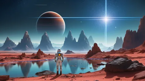 Sci-fi scene,Futurism，On Mars，6 people wearing space suits of different colors,,Standing on the mecha sightseeing platform,Look ...