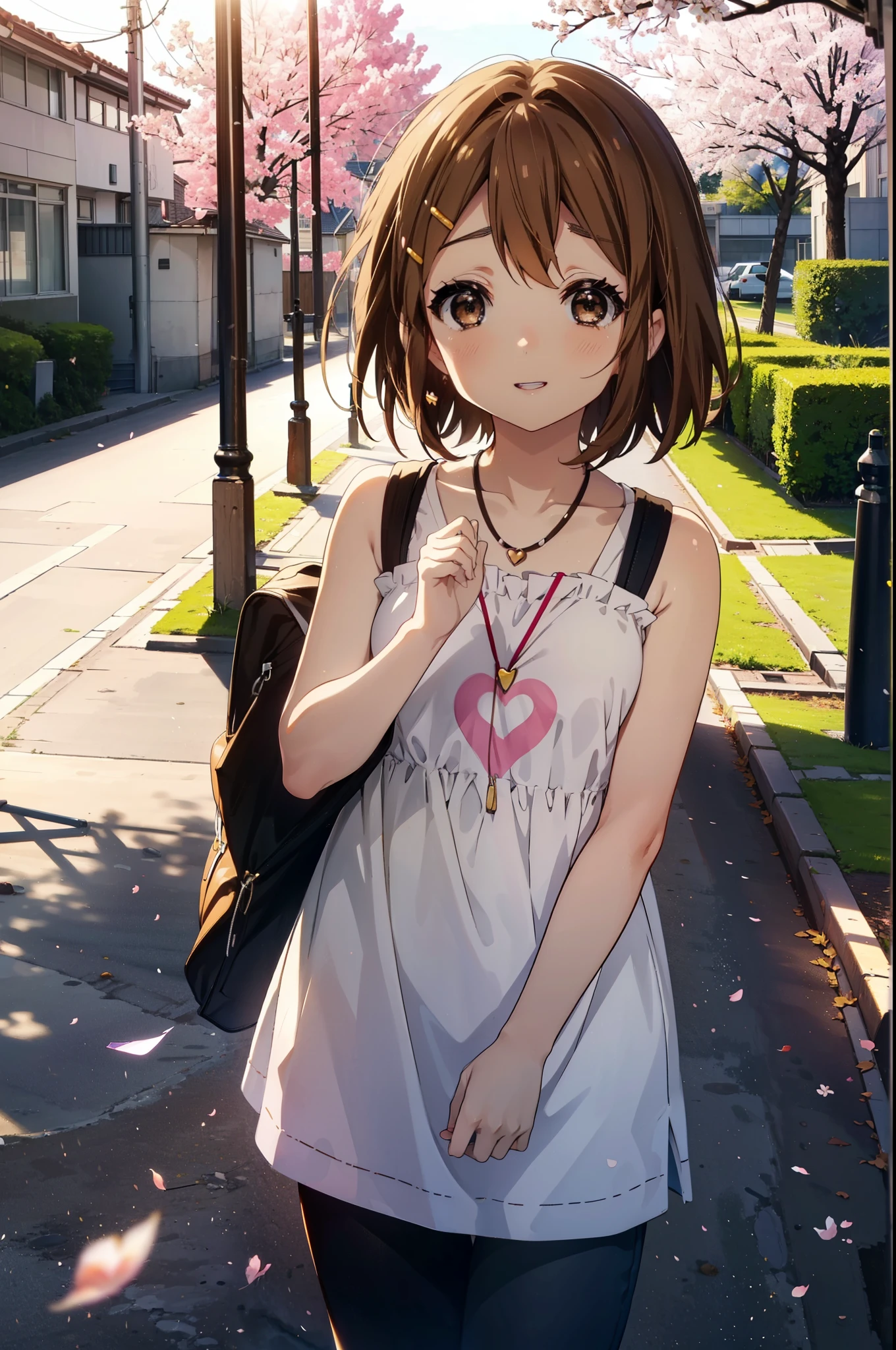 yuihirasawa, Yui Hirasawa, Kurzes Haar, braune Haare, Haarschmuck, (braune Augen:1.5), happy lächeln, lächeln, Öffne deinen Mund,Haarklammer,Weste mit langem Bein,Tanktop-Shirt,Nackte Arme,Bare neck,Herz Halskette,enge Hosen,Stöckelschuhe,Kirschblüten blühen,Kirschblüten sind verstreut,Von Kirschblüten gesäumter Weg,Abend,Sonnenuntergang,Die Sonne geht unter,Blick von oben herab,
brechen outdoors,Schule　Schule building,
brechen looking at viewer, (Cowboy-Schuss:1.5),
brechen (Meisterwerk:1.2), höchste Qualität, Hohe Auflösung, Einheit 8k Hintergrundbild, (Figur:0.8), (Schöne feine Details:1.6), sehr detailliertes Gesicht, Perfekte Beleuchtung, Hochdetaillierte CG, (perfekte Hände, Perfekte Anatomie),