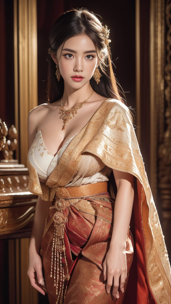 (RAW-Fotos:1.2), (Realistisch:1.4), (Meisterwerk:1.3), (beste Qualität:1.4), ultrahohe Auflösung, (detaillierte Augen), (detaillierte Gesichtszüge), (Detaillierte Kleidungsmerkmale), HDR, 8k Auflösung, nur fokussieren, Kleidung nach thailändischer Tradition, traditioneller Schal , 1 Frau , riesige Brüste, Ein gigantischer Riss, Große Brüste Push-Up-Kleidung, große Brust, voll entwickelte Brüste, schmale Taille, Lange Beine, dem Publikum zugewandt, Ganzkörper, Tiefenschärfe, Beleuchtung in Kinoqualität,