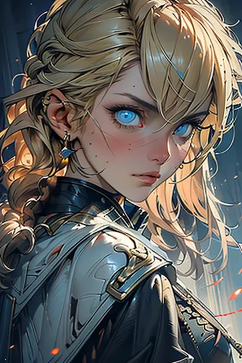 ((best quality)), ((masterpiece)), (detailed), perfect face, blonde hair, intricate braid, fierce eyes, blue eyes, leather armor...