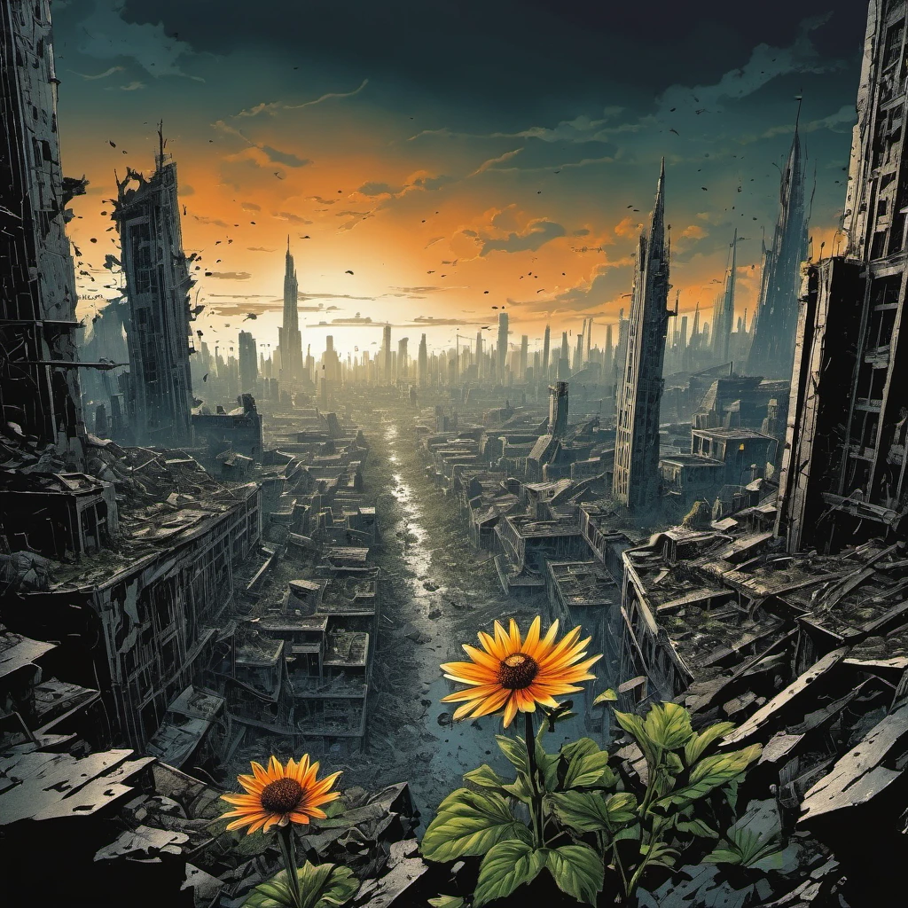 (masterpiece:1.4), (best quality:1.4), (high resolution:1.4), (masterpiece, best quality, high resolution:1.4), dark fantasy, Science fiction, Frank Miller comic style, After the end of the world，A destroyed city without humans,top view，1 flower