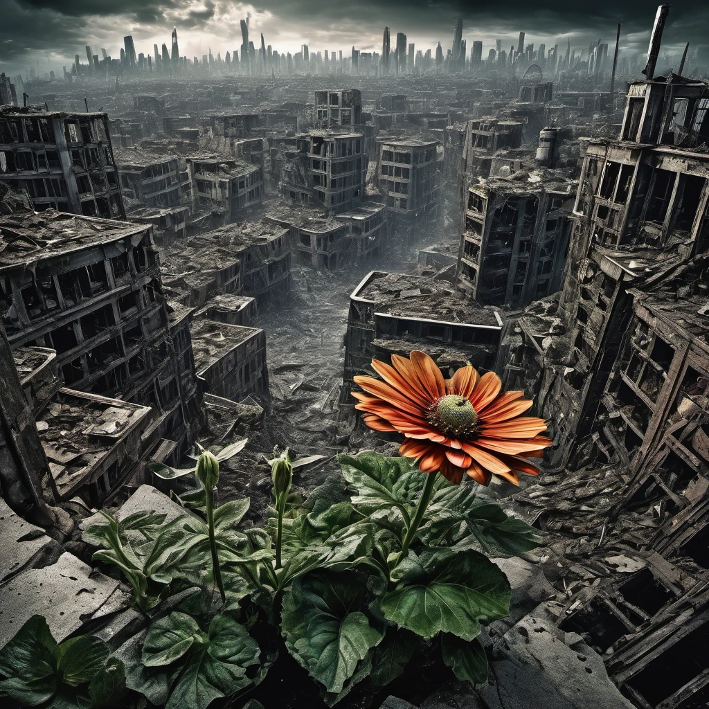 (masterpiece:1.4), (best quality:1.4), (high resolution:1.4), (masterpiece, best quality, high resolution:1.4), dark fantasy, Science fiction, Frank Miller comic style, After the end of the world，A destroyed city without humans,top view，1 flower