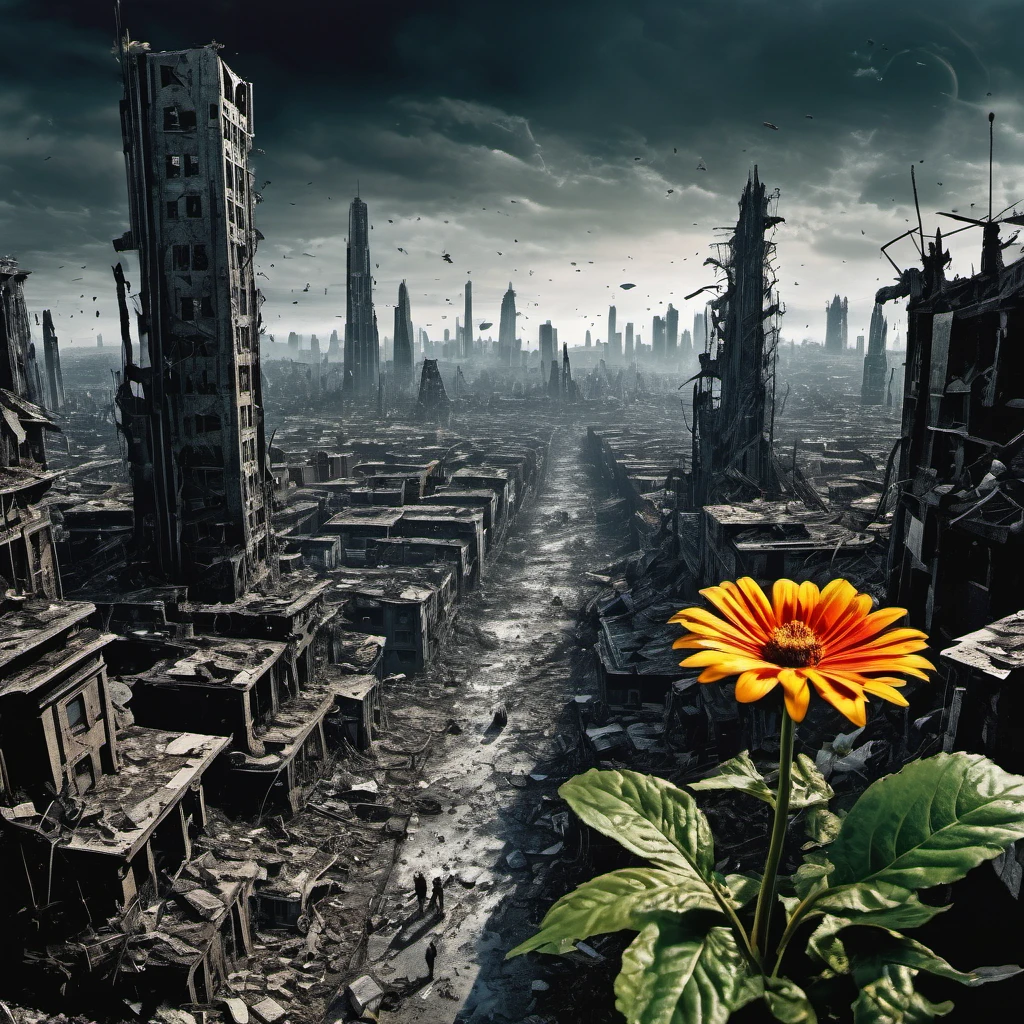 (masterpiece:1.4), (best quality:1.4), (high resolution:1.4), (masterpiece, best quality, high resolution:1.4), dark fantasy, Science fiction, Frank Miller comic style, After the end of the world，A destroyed city without humans,top view，1 flower