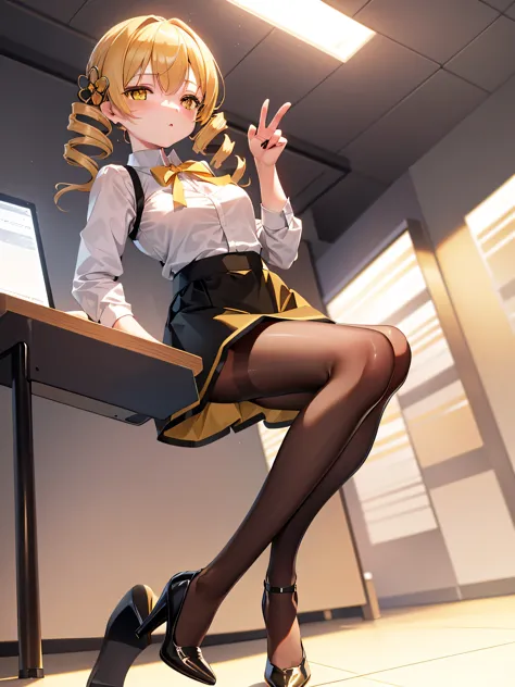 Tabletop, highest quality, One Girl, (mami tomoe), Blonde, Drill Hair, Twin Drill, (Yellow Eyes:1.2), evening, sunset,、((Photo from directly below))、((Pencil Skirt))、((Office Suits))、((blouse))、((Black mini skirt))、((pantyhose))、((High heels))、((Best))