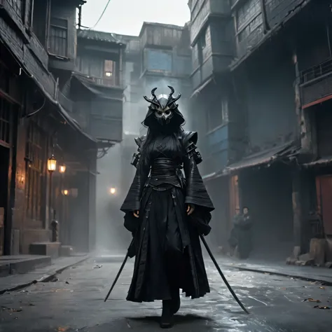 arafed image of a person dressed in a black outfit and a mask, very beautiful cyberpunk samurai, gothic - cyberpunk, orthodox cy...