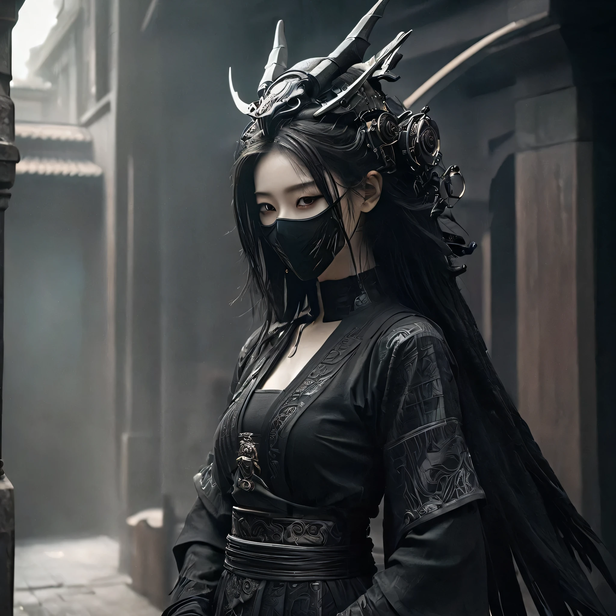 arafed image of a person dressed in a black outfit and a mask, very beautiful cyberpunk samurai, gothic - cyberpunk, orthodox cyberpunk, rococo cyberpunk, ornamental gothic - cyberpunk, ornate cosplay, occult cyberpunk, mystical post apocalyptic cyborg, steampunk angel, hyperdetailed fantasy character, steampunk aesthetic, steampunk fantasy style, japanese gothic, hyper - goth, beautiful female god of death