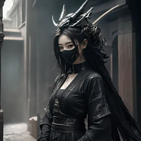 arafed image of a person dressed in a black outfit and a mask, very beautiful cyberpunk samurai, gothic - cyberpunk, orthodox cy...