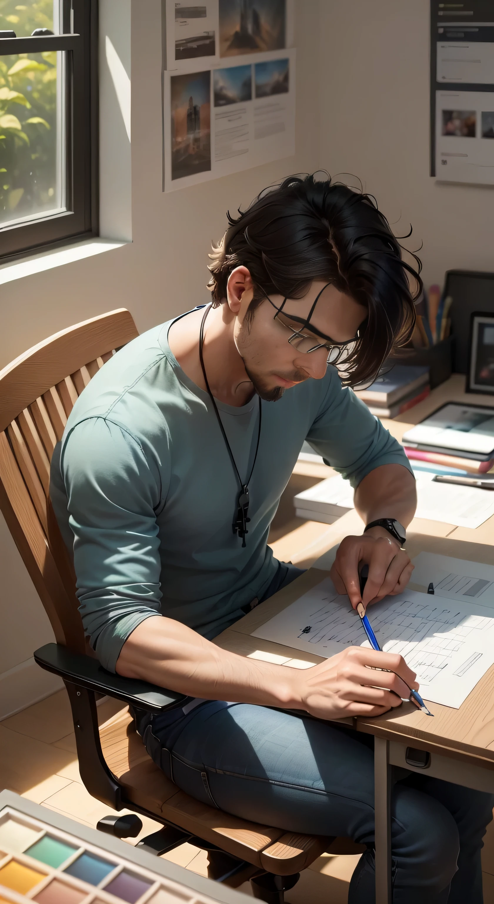 A focused man, wearing a crisp shirt and jeans, is intently working at his desk in a vibrant design studio. Surrounded by a rainbow of colored pencils, brushes, and sketchpads, his creativity is evident in the unfinished designs scattered across his workspace. The soft hum of a graphics tablet and the occasional clatter of keys fill the room, as he brings his ideas to life on the computer screen before him. Music plays in the background, adding to the inspirational atmosphere, and the windows let in a flood of natural light. With a determined expression, he hunches over his work, his hands deftly manipulating the digital tools at his disposal. This is the world of a