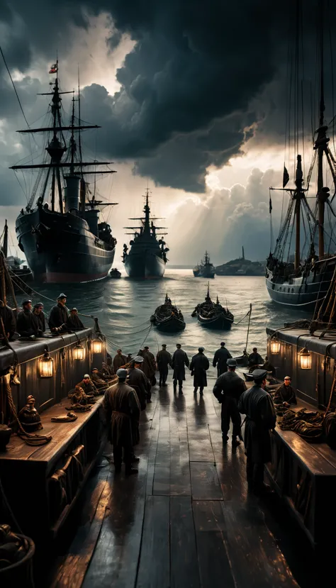 Portray a harbor scene with ships arriving from the Black Sea, with ominous clouds overhead and sick crew members lying on the d...