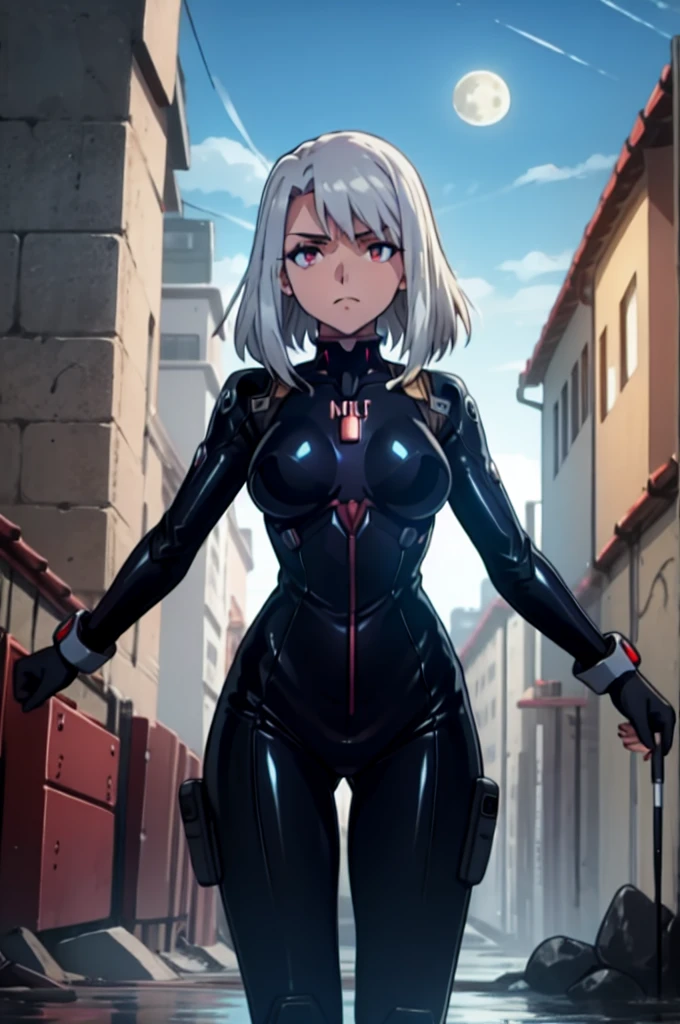 (( illyasviel_von_einzbern reimagined as a mecha pilot in a shiny_skin suit inspired by evangelion, aliens, gunbuster, gunnm, metal gear, death stranding)), impossible_clothes, bodysuit, white & red bodysuit, suit, pilot suit, jumpsuit, plugsuit, armor, shiny_clothes, jacket, cybernetics suit, gloves, gainax anime style, studio gainax art, studio gainax illustration, inspired by Masamune Shirow, studio gainax, big breasts, two_side_up, full body, can't be this cute, girl on top, long_hair, white_hair, silver_hair, floating_hair, hair_between_eyes, asymmetrical hair, red_eyes, looking_at_viewer, outdoors, holding, holding_weapon, Spear of Longinus, cowboy_shot, background, glowing, moon, red, red moon, full_moon, moonlight, star_(sky), night, city, building, cityscape, science_fiction, ((mature female, mature, milf)), 