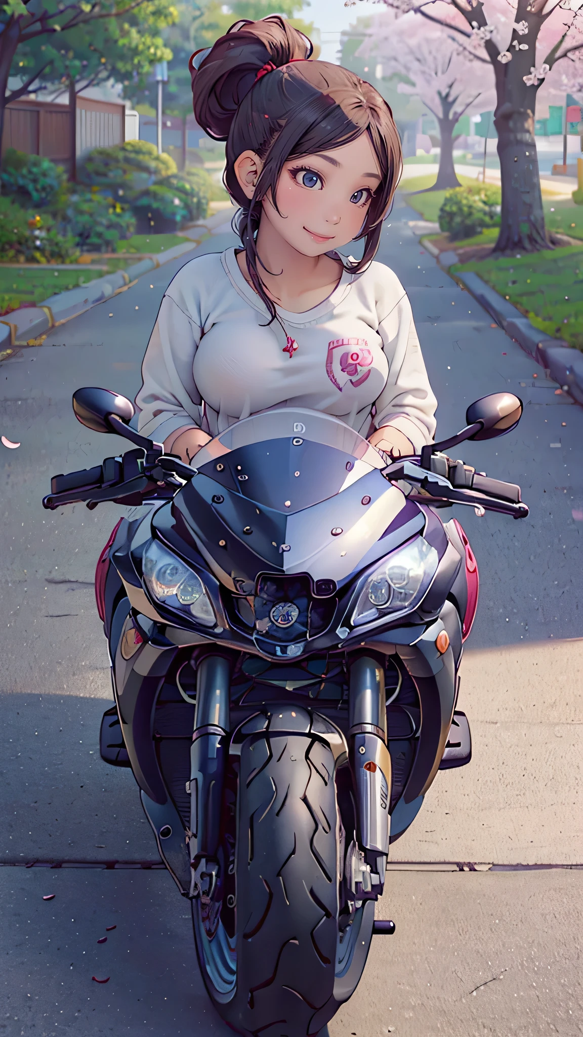 (girl riding a motorcycle:1.2),A park where cherry blossoms dance,high school girl,(random cute pose),(random hairstyle),(Highest image quality,(8K), Ultra-realistic, Best Quality, High quality, High Definition, high quality texture, high detailing, Beautiful detailed, fine detailed, extremely details CG, Detailed texture, realistic representation of face, masterpiece, presence)
