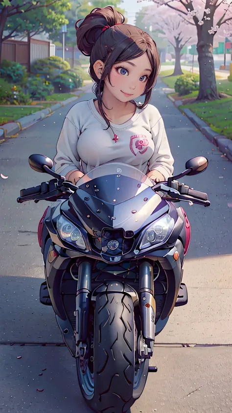 (girl riding a motorcycle:1.2),A park where cherry blossoms dance,high school girl,(random cute pose),(random hairstyle),(Highes...