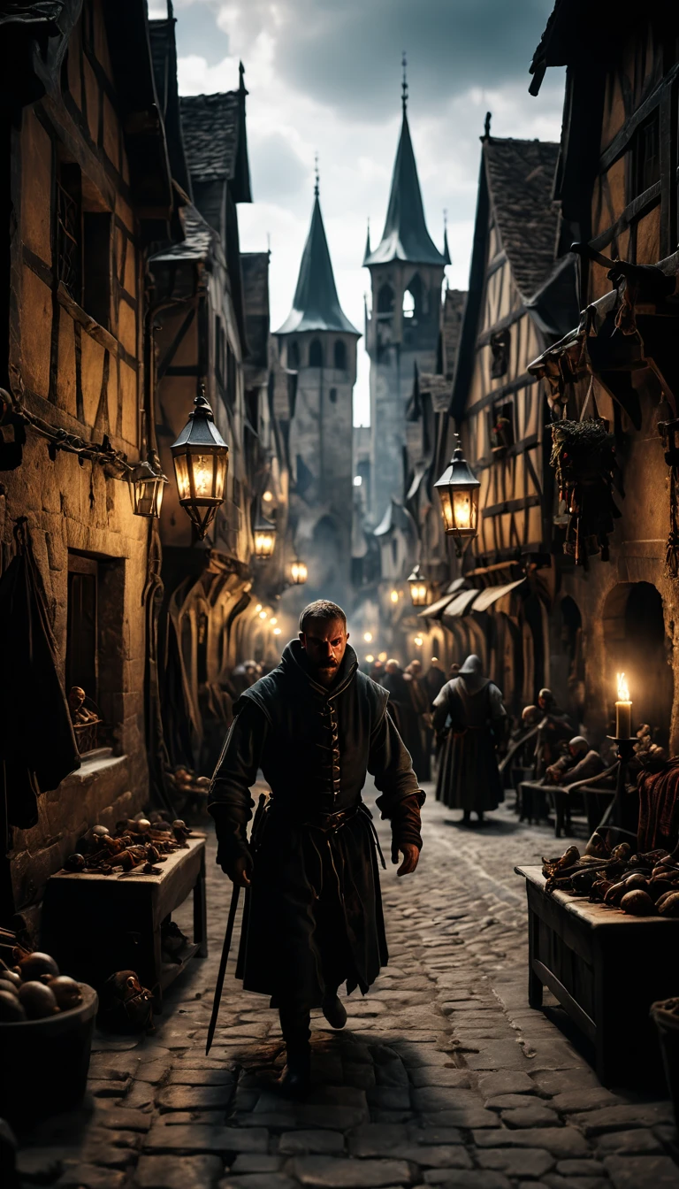 Scenes of panic and chaos in medieval European cities as news of the black death spreads, background cinematic, hyper realistic, ultra detailed hyper realistic, photorealistic, Studio Lighting, reflections, dynamic pose, Cinematic, historical accuracy, Color Grading, Photography, Shot on 50mm lens, Ultra-Wide Angle, Depth of Field, hyper-detailed, beautifully color, 8k