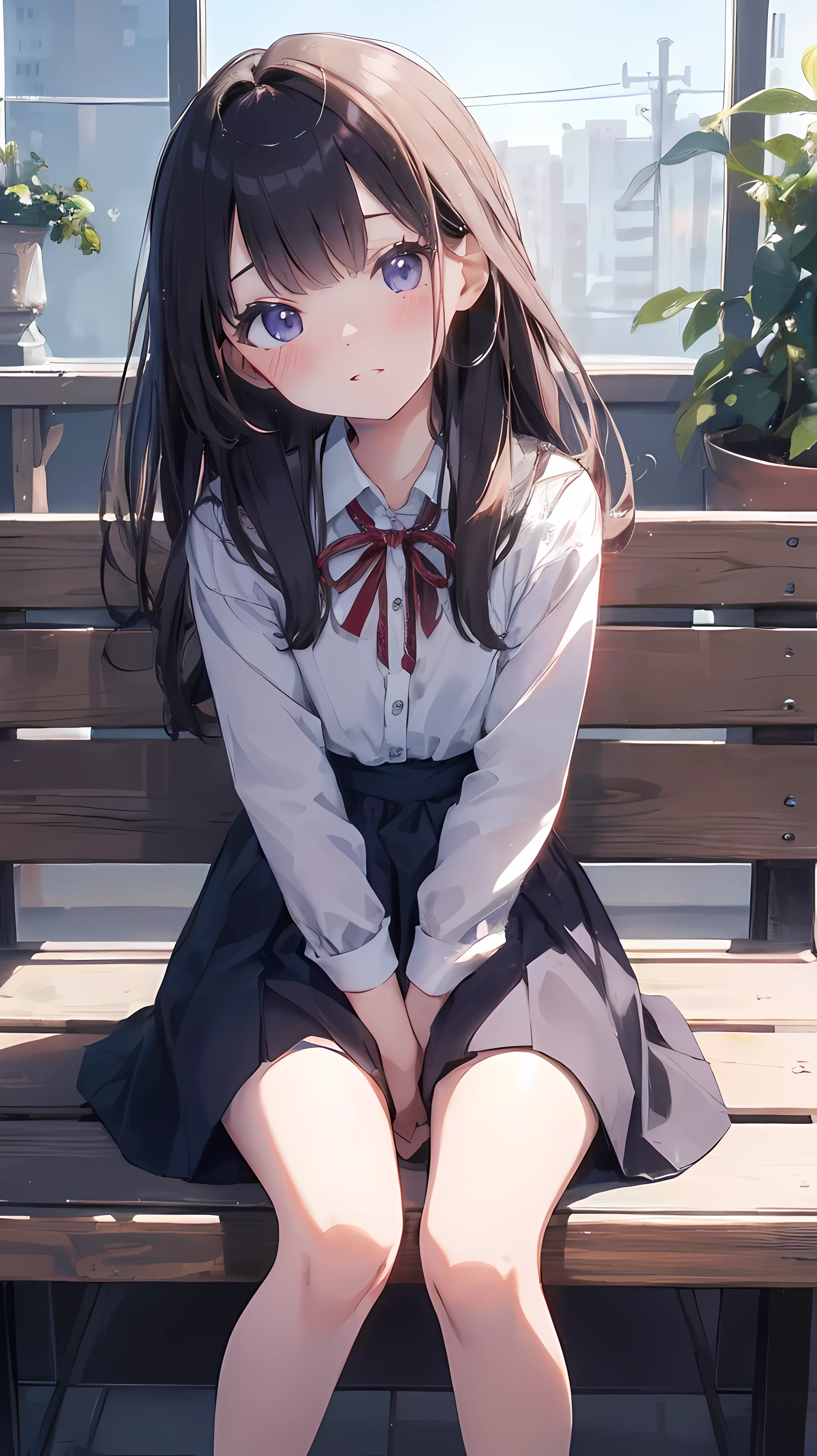 Anime girl sitting on a bench with her legs crossed - SeaArt AI