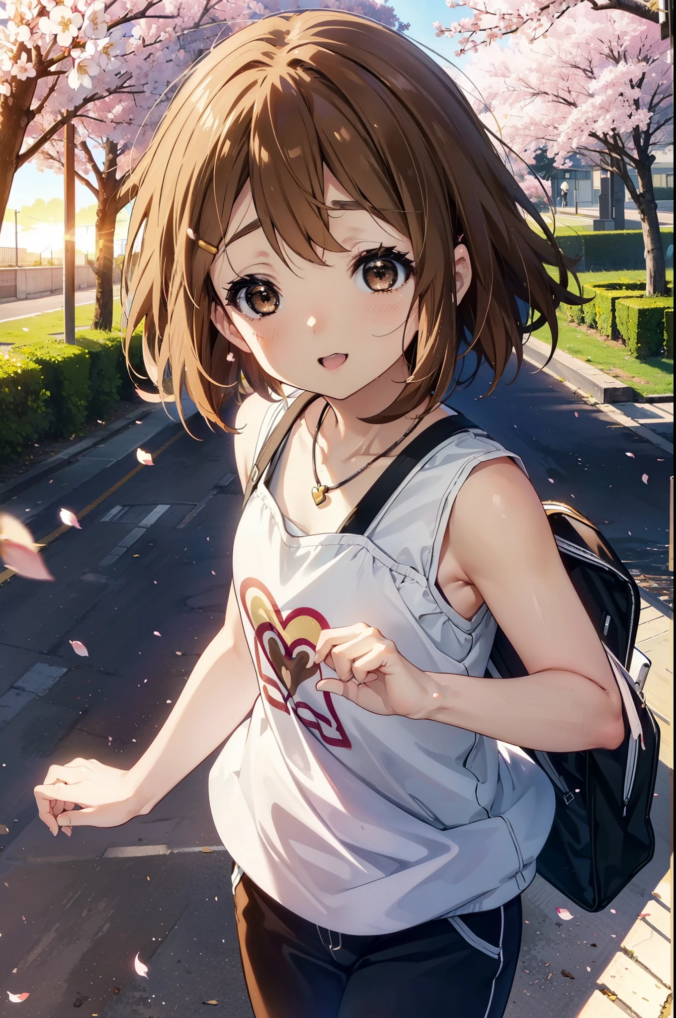 yuihirasawa, Yui Hirasawa, short hair, brown hair, hair ornaments, (Brown eyes:1.5), happy smile, smile, Open your mouth,Hair Clip,Long-legged vest,Tank top shirt,Bare arms,Bare neck,Heart Necklace,skinny pants,Stiletto heels,Cherry blossoms are blooming,Cherry blossoms are scattered,Cherry blossom tree-lined path,evening,sunset,The sun is setting,Looking down from above,
break outdoors,School　School building,
break looking at viewer, (Cowboy Shot:1.5),
break (masterpiece:1.2), highest quality, High resolution, unity 8k wallpaper, (figure:0.8), (Beautiful fine details:1.6), Highly detailed face, Perfect lighting, Highly detailed CG, (Perfect hands, Perfect Anatomy),