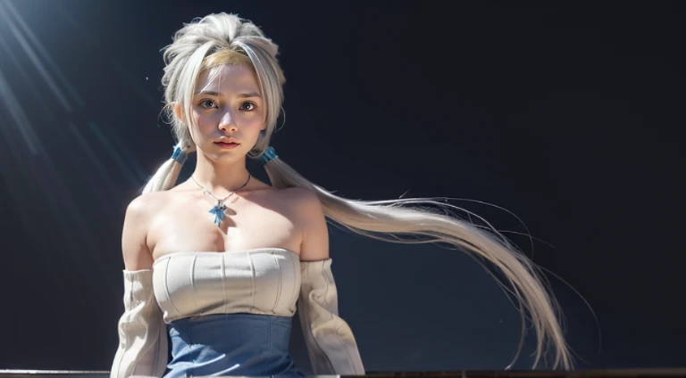 VELZARD, BANGS, BLUE EYES, GREY HAIR, HAIR BETWEEN EYES, LONG HAIR, TWINTAILS, YELLOW HAIRBAND, BARE SHOULDERS, JEWELRY, NECKLACE, DRESS, CLEAVAGE, DETACHED SLEEVES, BLUE SKIRT, 1girl, solo, upper body, facing viewer, looking at viewer, smile,