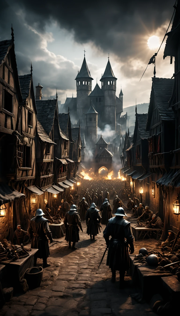 Illustration of a town under siege, with both warfare and the black death ravaging the population, background cinematic, hyper realistic, ultra detailed hyper realistic, photorealistic, Studio Lighting, reflections, dynamic pose, Cinematic, historical accuracy, Color Grading, Photography, Shot on 50mm lens, Ultra-Wide Angle, Depth of Field, hyper-detailed, beautifully color, 8k