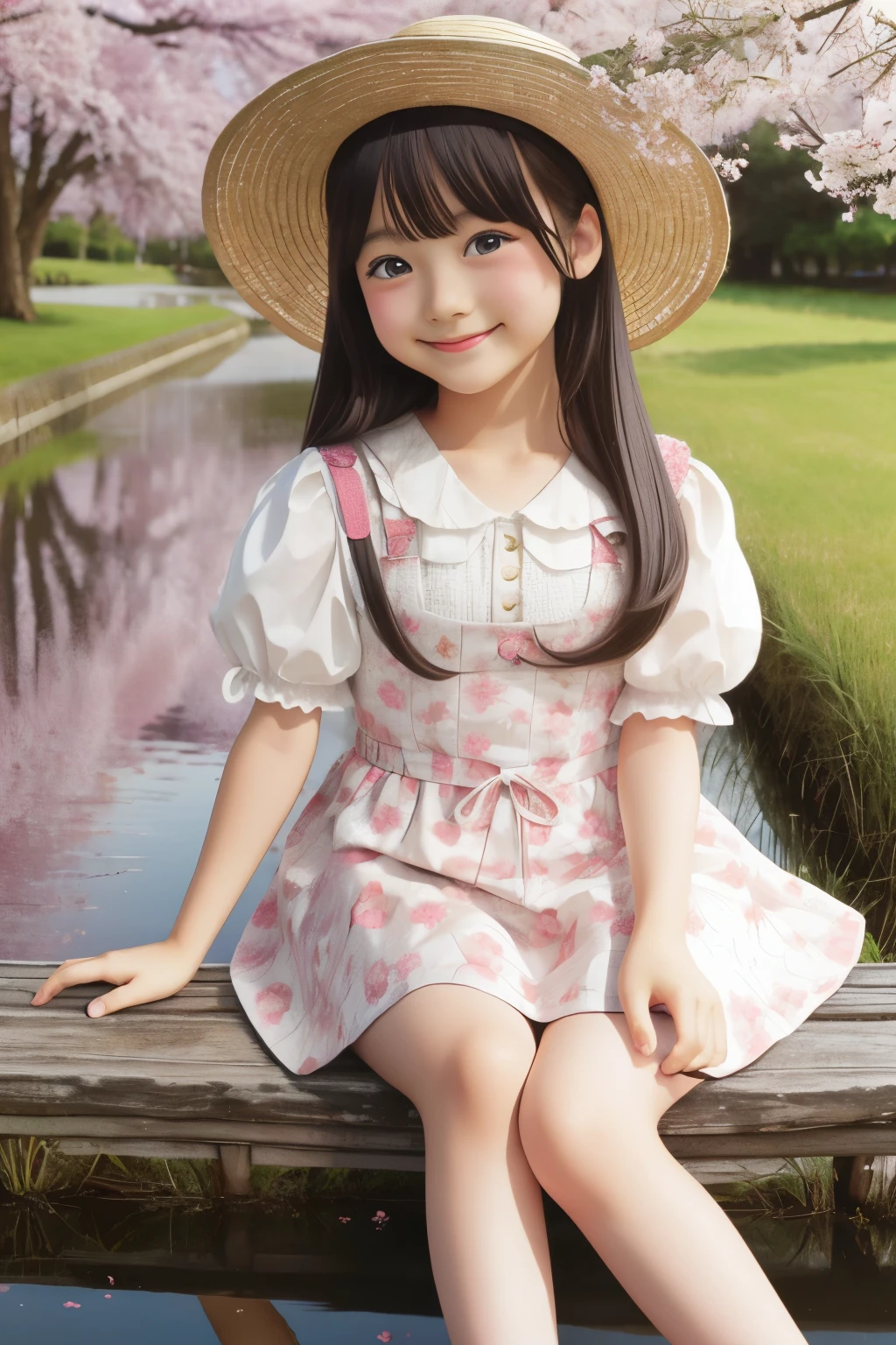 写実的な、湖、ちびガール人形、童顔、笑顔、麦わら帽子、全身、桜、湖に映る桜