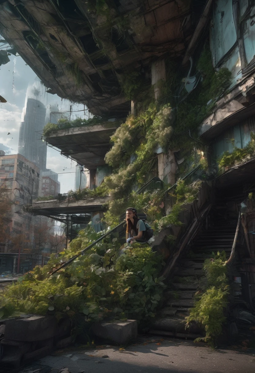 1girl, Post-Apocalyptic Wasteland, Post-apocalyptic cityscape. Toppled skyscrapers, abandoned playgrounds, trees and plants growing up through the sidewalk, photo-realistic, Intricately detailed architecture, green, black, dynamic volumetric lighting and color, 8K resolution, fall-out, nuclear winter.