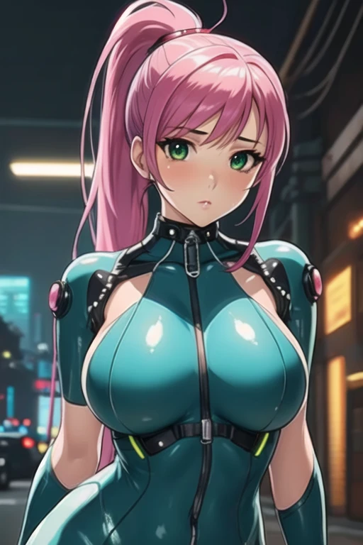 1 girl, 19 years old, Long pink hair, green eyes with slit pupils, Sexy scifi girl,dynamic sexy action pose, holding submachine gun, ponytail, shinny skin-tight white and green bodysuit, cyberpunk,  Amateur Photographer, subsurface scattering, film grain, very detailed skin texture, high quality, 35mm photograph, film grain, bokeh, professional, 4k, highly detailed,  