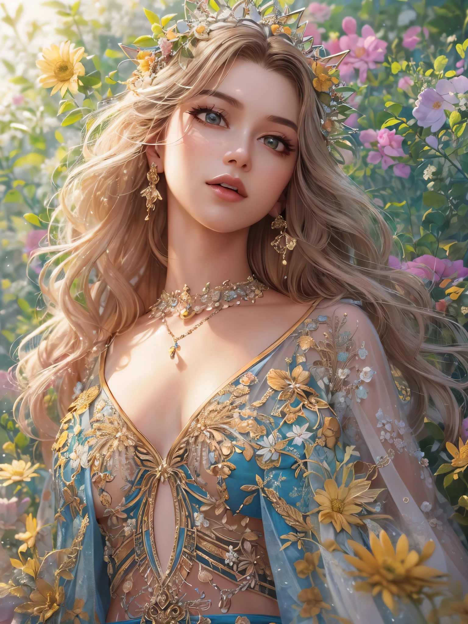 ((highest quality)),(Ultra-high resolution),(Very detailed),(Detailed Description),((The best CG)),(A masterpiece),Ultra-precise art,amazing drawing art,(Art with precise detail:1.5), (woman:1.4), (A front-open dress with detailed and detailed depictions:1.6),Floral embroidery:1.7,Scattered gems:1.5, The sparkle pours down:1.6