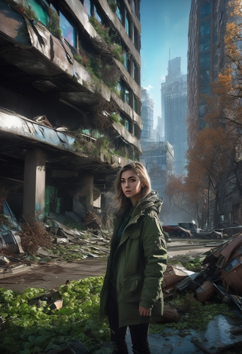 1girl, Post-Apocalyptic Wasteland, Post-apocalyptic cityscape. Toppled skyscrapers, abandoned playgrounds, trees and plants growing up through the sidewalk, photo-realistic, Intricately detailed architecture, green, black, dynamic volumetric lighting and color, 8K resolution, fall-out, nuclear winter.