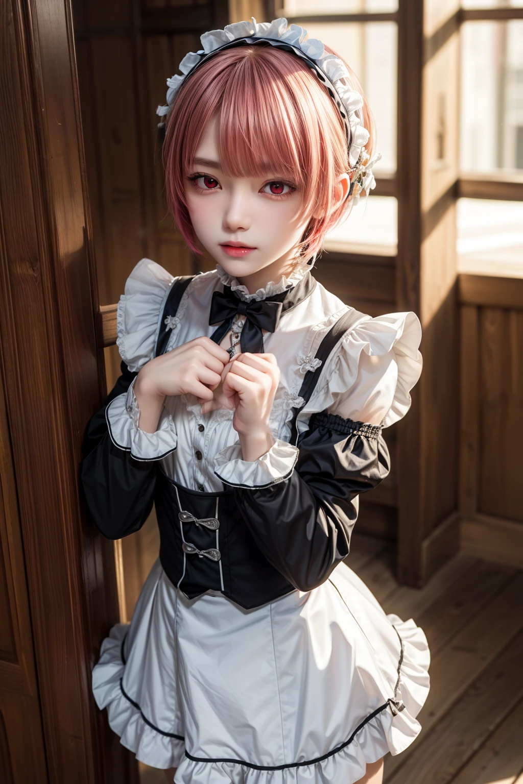 rezeroRam, Ram, Hair Flowers, hair ornaments, Hair on one eye, Pink Hair, (Red eyes:1.5), short hair, x hair ornaments, bangs, blunt bangs, (Flat Chest:1.2),
break apron, black bow, black dress, black ribbon, bow, Removable sleeves, dress, Frillsエプロン, Frills袖, Frills, Juliet Sleeve, Long sleeve, Maid, neck ribbon, Puffy sleeves, ribbon, roswaal mansion Maid uniform, Knee socks, two-tone dress, Waist apron, white bow, white dress, white Knee socks,
break outdoors, city,
break looking at viewer, (Cowboy Shot:1.5),
break (masterpiece:1.2), highest quality, High resolution, unity 8k wallpaper, (figure:0.8), (Beautiful fine details:1.6), Highly detailed face, Perfect lighting, Highly detailed CG, (Perfect hands, Perfect Anatomy),