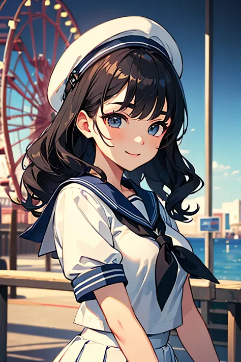 highest quality、High resolution、Detailed Background、Teenage Girl、Black Hair、Sexy wavy hairstyle、Perfect body line、Calm atmosphere、Elegant and cute、well-groomed eyebrows、Feminine atmosphere、Cute gestures、A big smile、Happy expression、
Sheer sailor suit、light blue sailor color、Checkered pleated mini skirt、White knee-high socks、Amusement park date、A close-up of a sailor collar from the side、cute