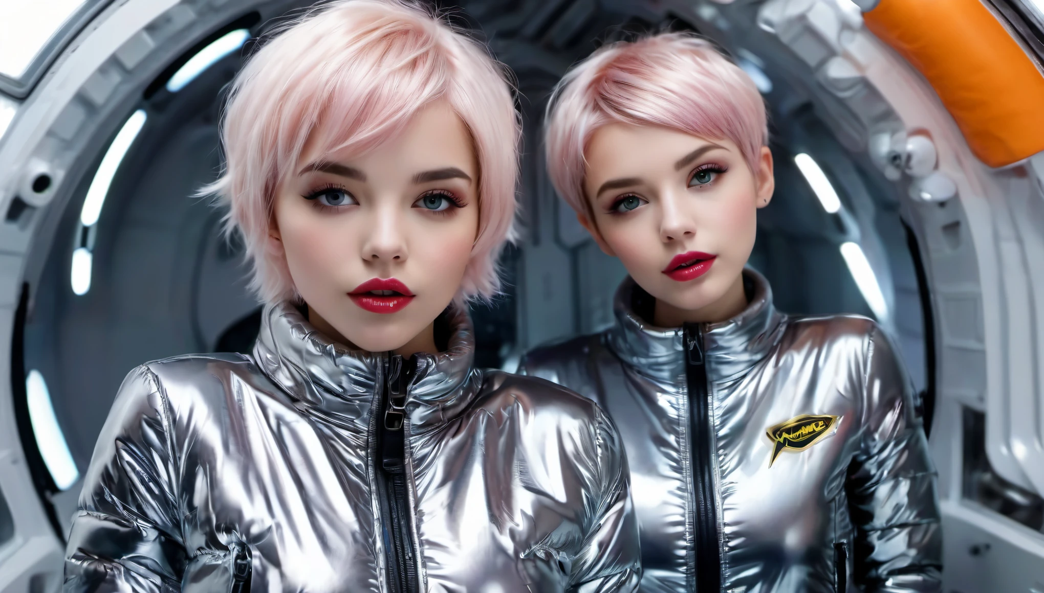 Masterpiece, Best Quality, ((two cute girls in open shiny puffer, no makeup, small perky breasts, extremely detailed face, beautiful detailed eyes, beautiful detailed lips, short colored pixie hair, small hips, curious facial expression, enticing, in a spaceship))