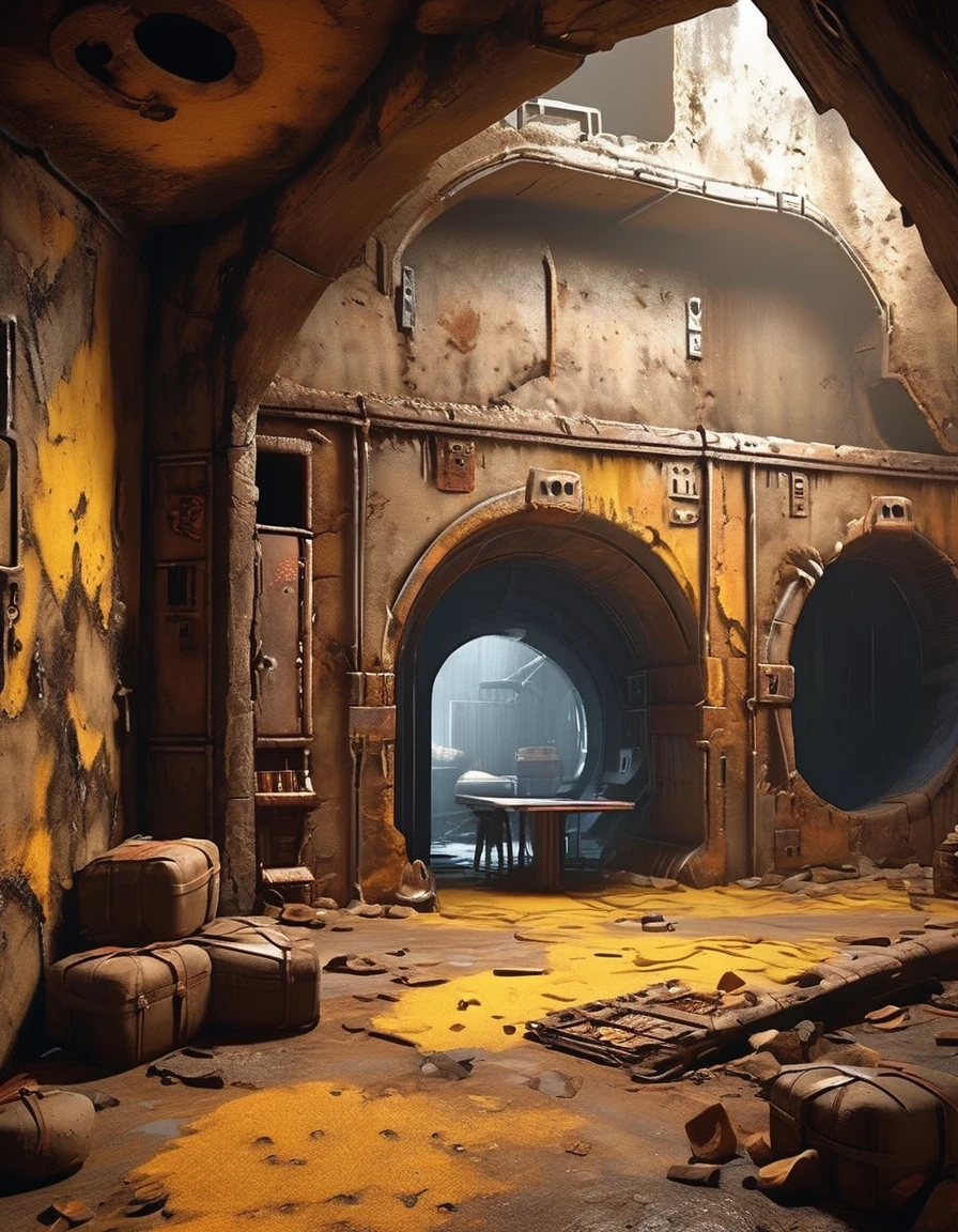 （Underground castle in the wasteland），Side profile，In a post-apocalyptic environment，Inside the underground castle is a modern kitchen and restaurant，Living room and bedroom fully equipped，However, many items on the underground castle are basically dilapidated.，Rust，The form of splicing，Add splash graffiti to create the environment of a wasteland world。Elements such as neon lights will often appear in the doomsday wasteland.。Sun and Wind，Yellow sand rolling，The broken eaves and broken walls are everywhere, and the scene is desolate.。The most important point is that the wasteland world is a world after the collapse of technological civilization.，Productivity setbackaterial resources are extremely scarce，And scarcity is the essence of the world，The inequality of supply and demand gives things value。
