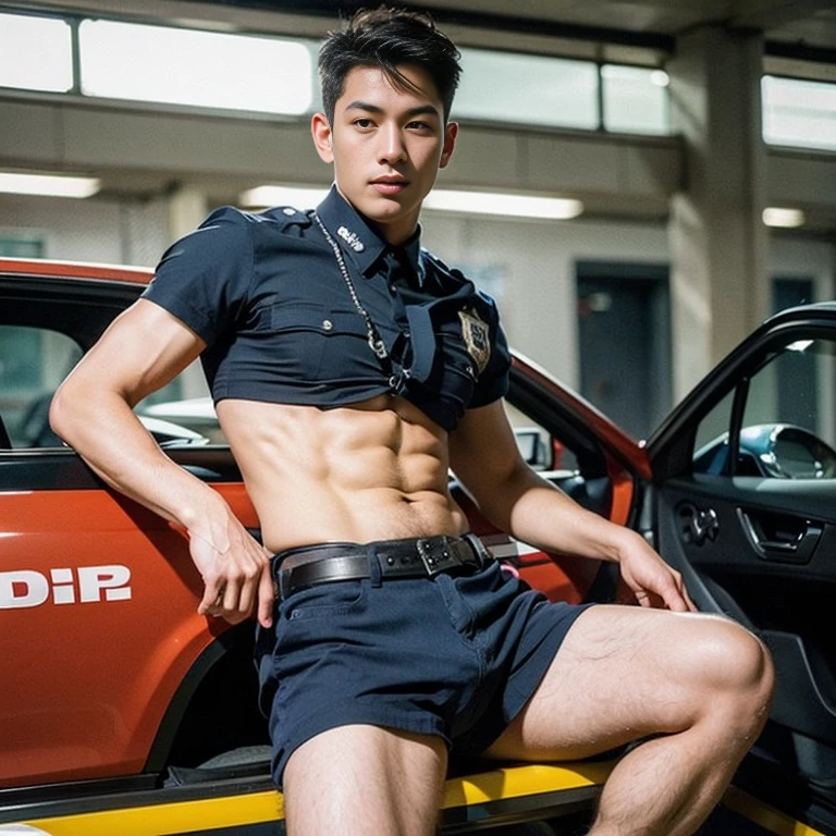 1 young handsome guy，20-25 years old，police officers，Interpol，Police Department，With a gun，Handsome，musculous，Thin muscles，hairy bodies，Police uniform（Fine eye 1：3），Black eyes，full bodyesbian，full bodyesbian ，full length shot(fls) , eroticism , sexy , NSFW , thighs , bare thighs , micro thing , wide hips
