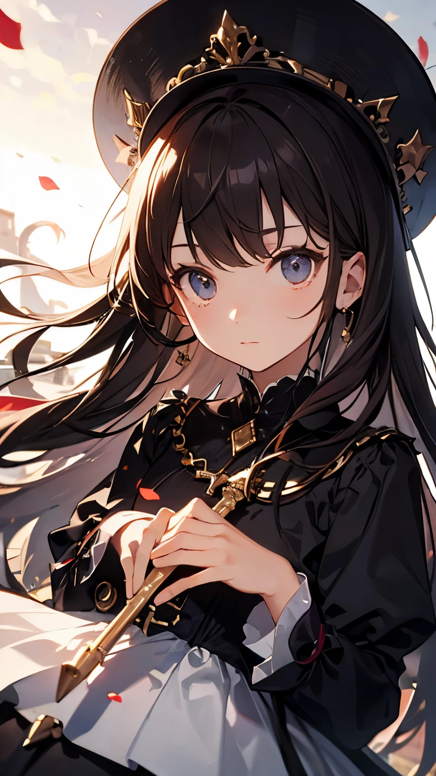 ((best quality)), ((masterpiece)), (detailed), perfect face, Wizard, wide-brimmed hat, black dress, wand, brown hair, long hair, innocent expression, 