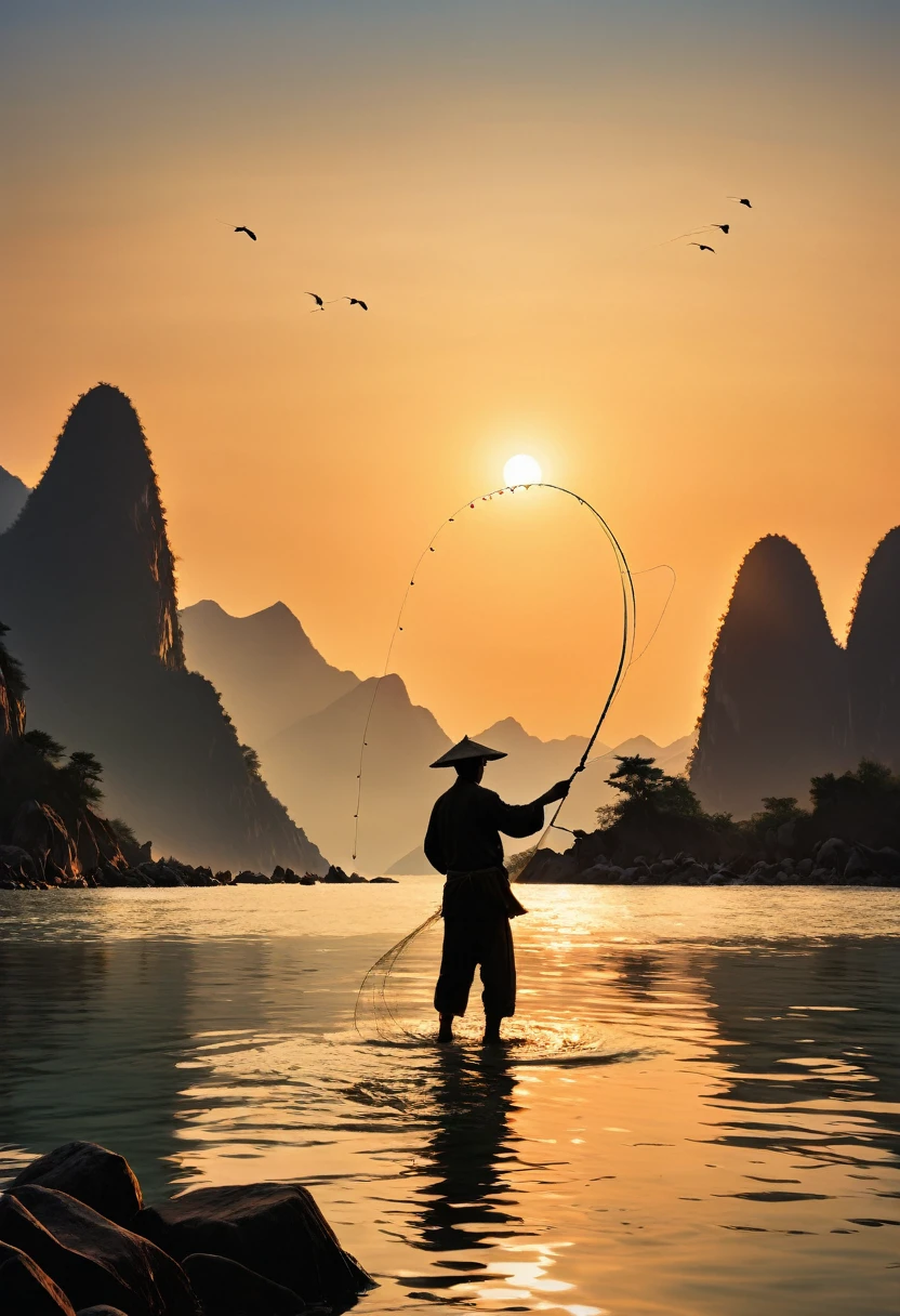 no pôr-do-sol，Silhueta de pescador jogando linha de pesca na água, montanhas ao fundo，A água calma reflete tons alaranjados. Esta cena é retratada no estilo do pintor chinês Zhang Daqian. 