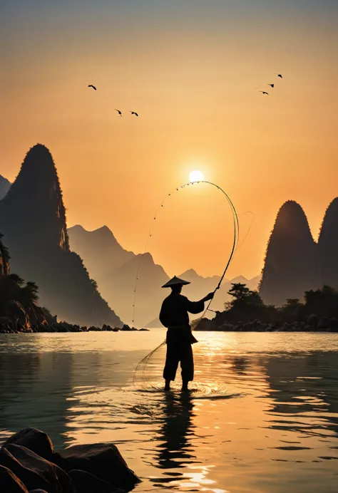 At sunset，Silhouette of fisherman throwing fishing line into water, Mountains in the background，The calm water reflects orange h...