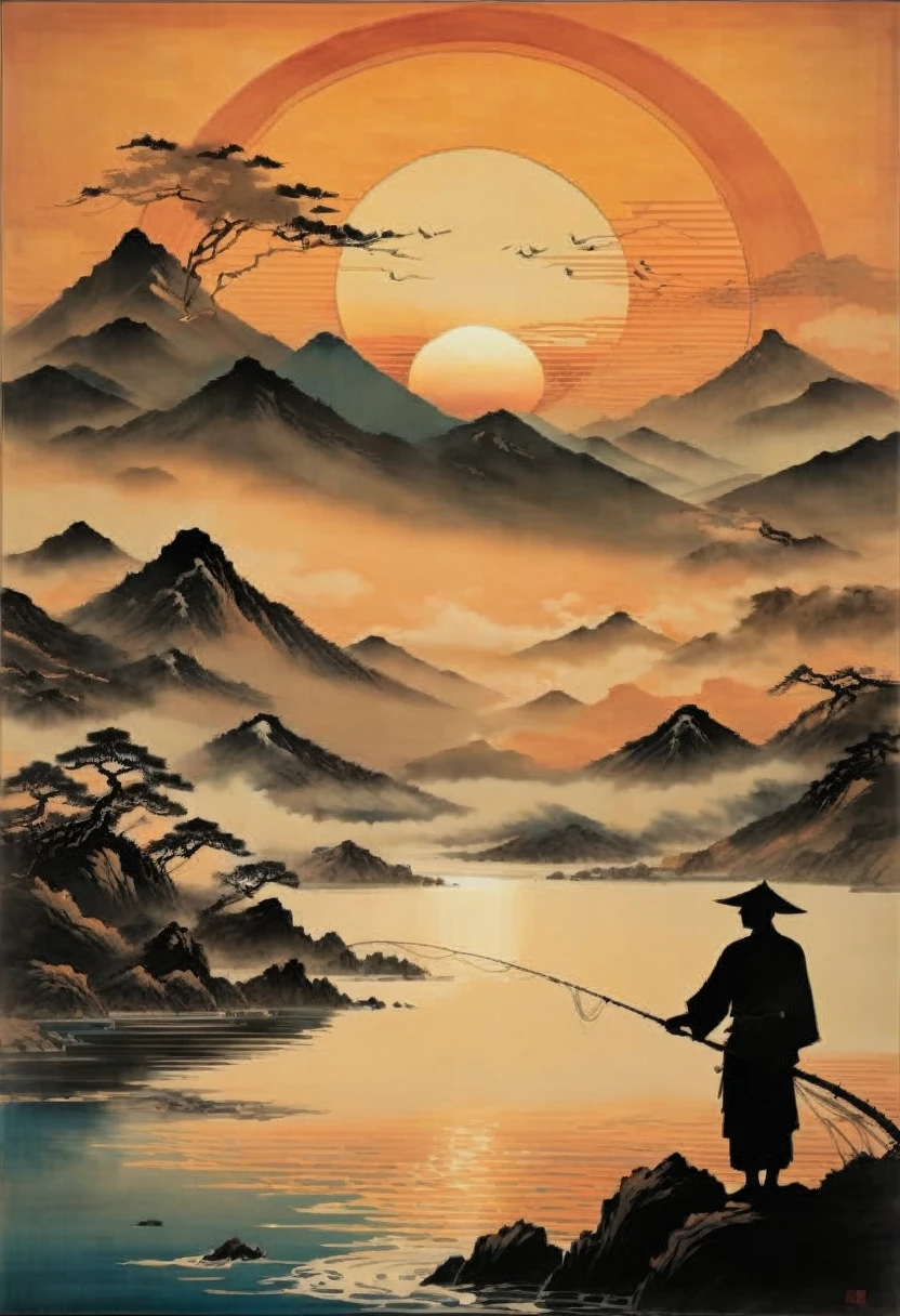 日落，漁夫把魚線丟進水裡的剪影, 背景中的山脈，平靜的水面反射出橘色的色調. 此景以中國畫家張大千的風格描繪.