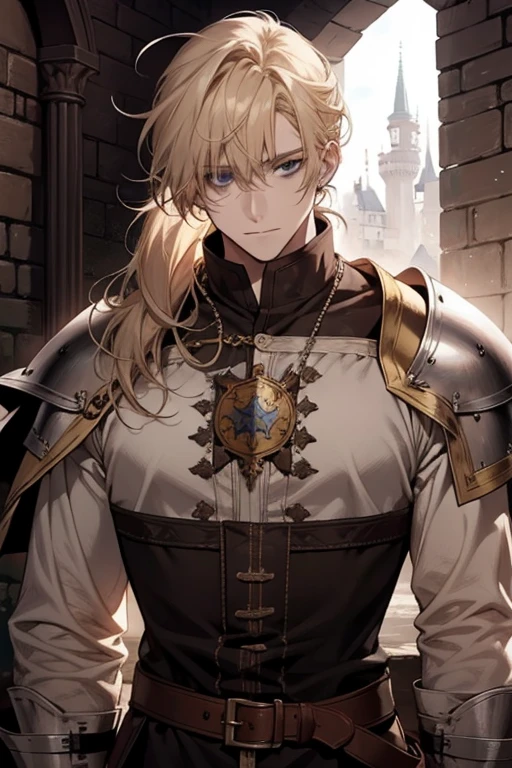 1 male, relaxed, messy blond hair with bangs in a low ponytail, white knight, beautiful, in a castle, medieval fantasy