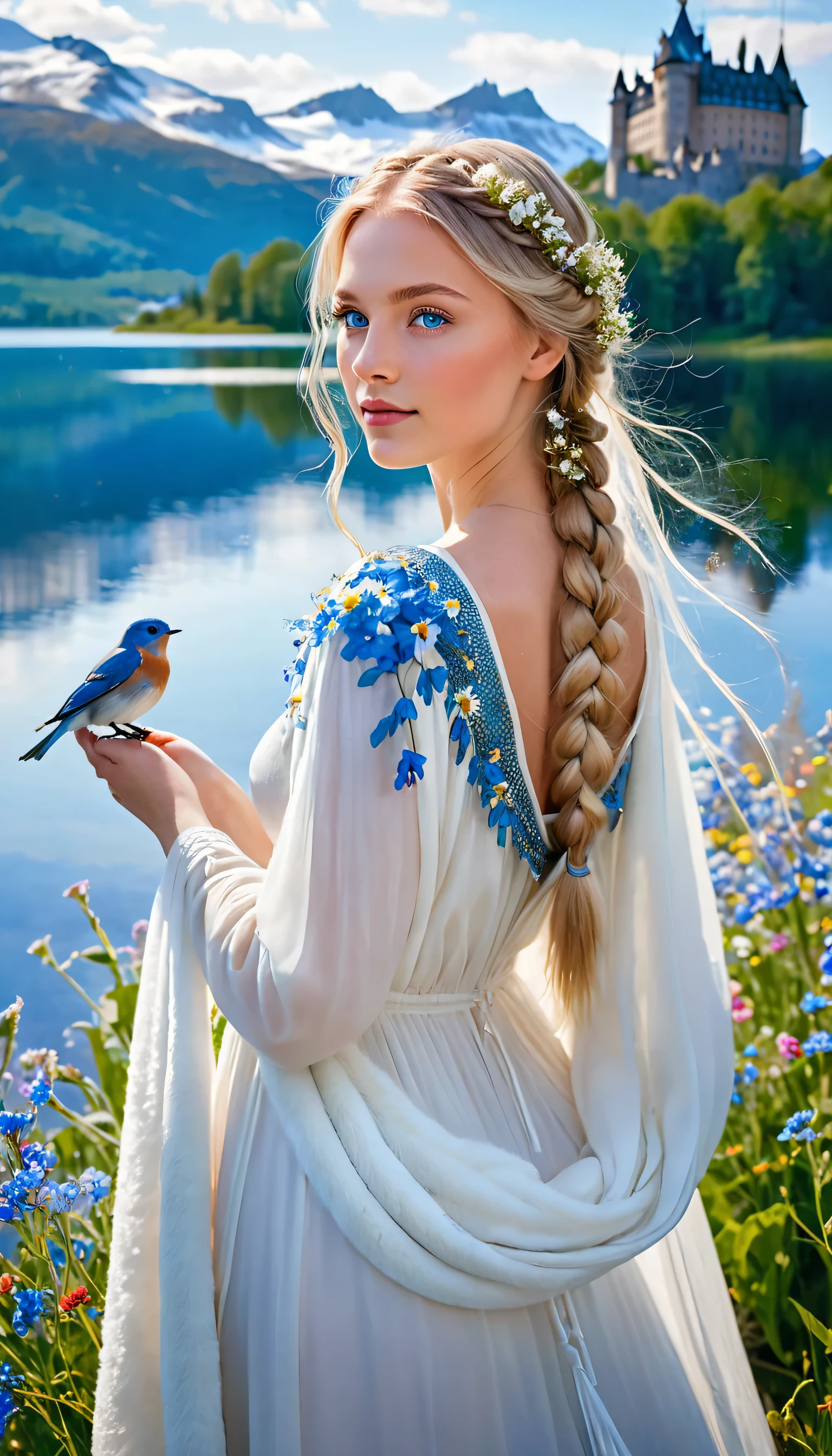 Une beauté sereine aux cheveux blonds tressés de fleurs sauvages, ses doux yeux bleus rayonnent de gentillesse. Une robe blanche fluide drape sa silhouette, une cape de fourrure ajoutant une touche de chaleur. Un oiseau bleu, reflétant le ciel clair, repose sur sa main. Derrière elle, un majestueux château suédois se dresse au bord d&#39;un lac aux eaux cristallines, entouré de montagnes enneigées.