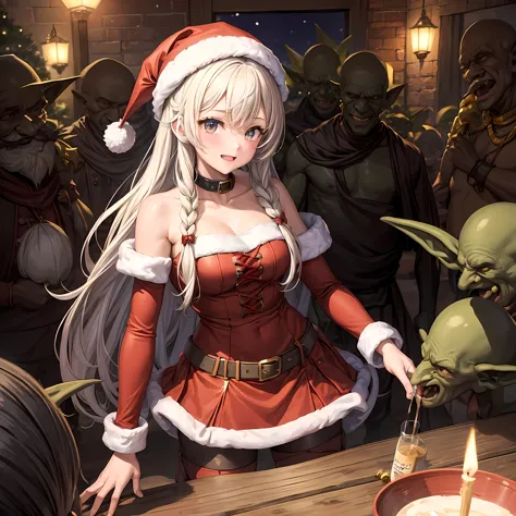 1girl, santa girl, 6+boys, multiple boys, (goblin), christmas, friendship, masterpiece, best quality, highly detailed, indoors