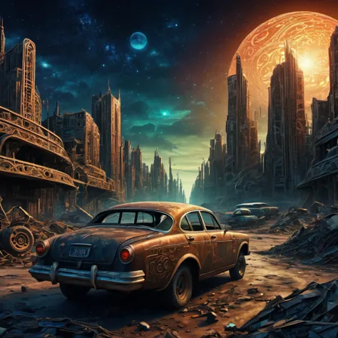 (best quality, highres, ultra sharp), magical, Post-Apocalyptic Wasteland , city, cars, people, about the curvature of Post-Apoc...
