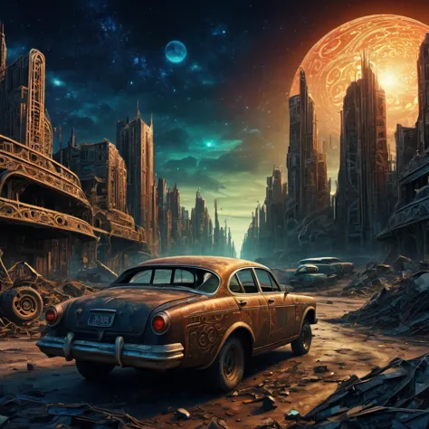 (best quality, highres, ultra sharp), magical, post-apocalyptic wasteland , city, cars, people, about the curvature of post-apoc...