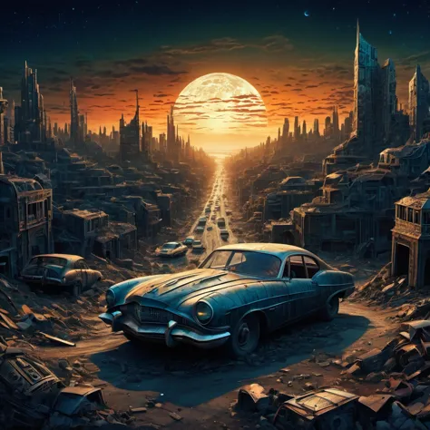 (best quality, highres, ultra sharp), magical, Post-Apocalyptic Wasteland , city, cars, people, about the curvature of Post-Apoc...