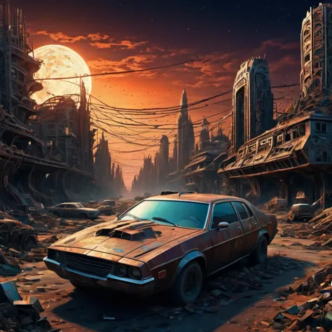 (best quality, highres, ultra sharp), magical, post-apocalyptic wasteland , city, cars, people, about the curvature of post-apoc...