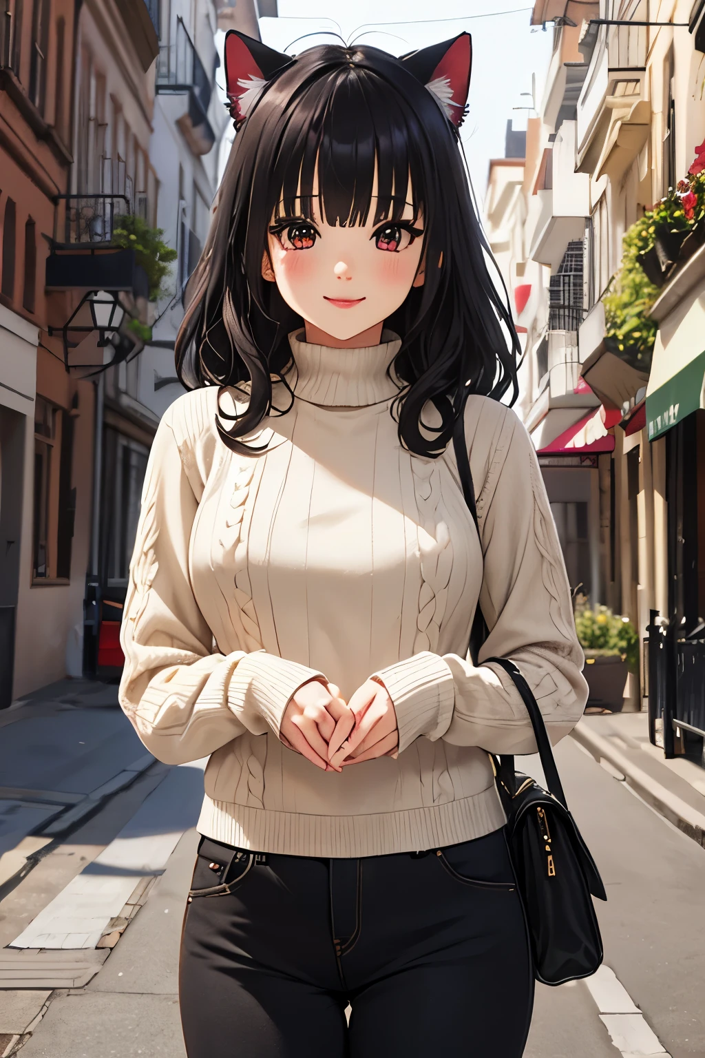 masterpiece,Best Quality,Studio lighting, (clear skin),(neko ears), seductive pose, bright Eyes, (Red eyes),perfect face, perfect hands, detailed red lips, detailed nose, Red eyes detallados, (huge breasts), (cat ears), confident smile, warm clothes,(((sweater))),pants,Boots,long coat with fur collar,snowy landscape