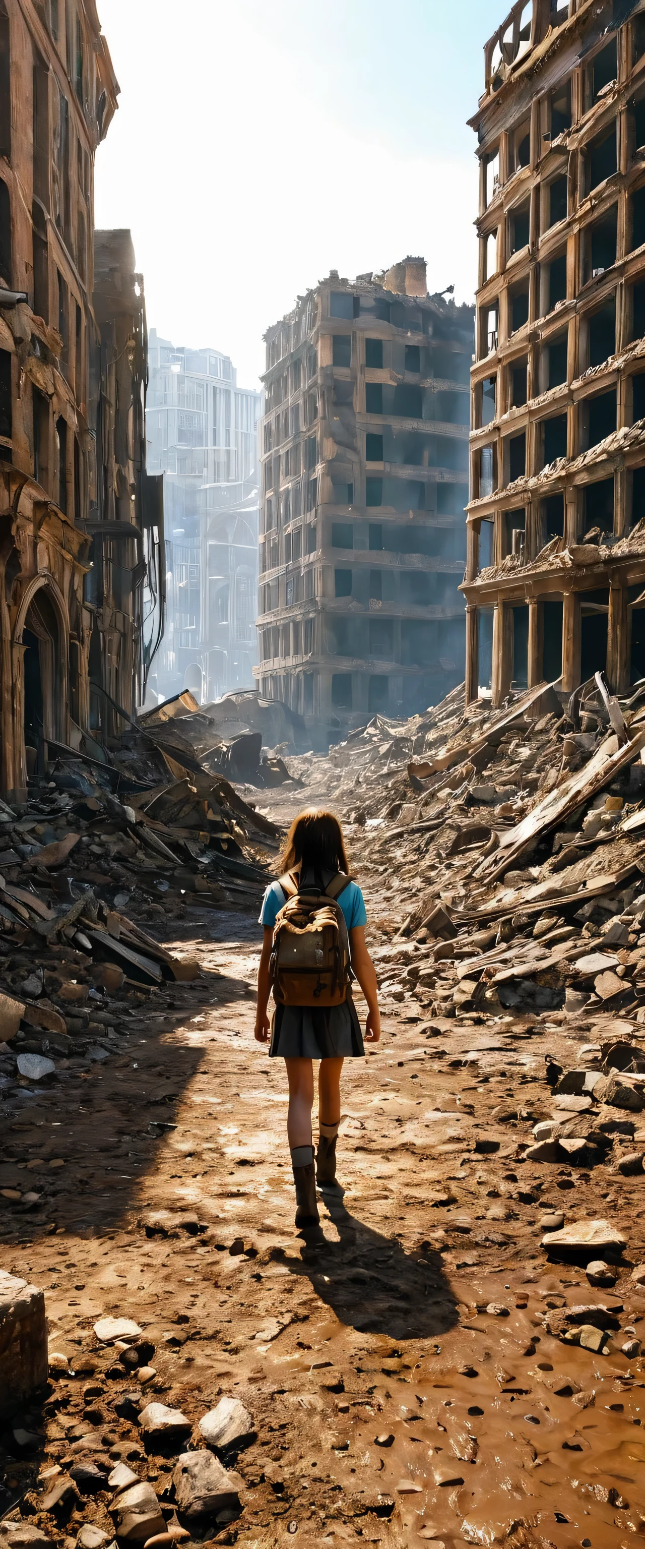 Landscape photo of wilderness and blue null,scrapped,Remains of a low building,Soil and rocks,Destroyed,burn marks,walking in a wilderness１０Year old girl:White:Bronze Hair,Back view,rucksack,The World War is over,But the family members who died won&#39;t come back.,Feelings of despair,sorrow,pessimism,Longing,Expressing the feelings of a girl who keeps walking despite despair,A scene from a movie,England,Moderately dirty,Survivors々Expressing relief and sorrow,They have to leave here soon.,farewell,hard,Photorealistic,Realistic texture,Realistic dirt,masterpiece,Intricate details,National Geographic,highest quality,Post-Apocalyptic Wasteland,Focus on the null,Realistic Light and Shadow,Multiple scattered puddles:Randomly and naturally:reflection:null,rendering,Unreal Engine,gray、Brown,Null color,Composition of thirds,Expressing hope with a beautiful blue null,A beautiful null in contrast to the wilderness