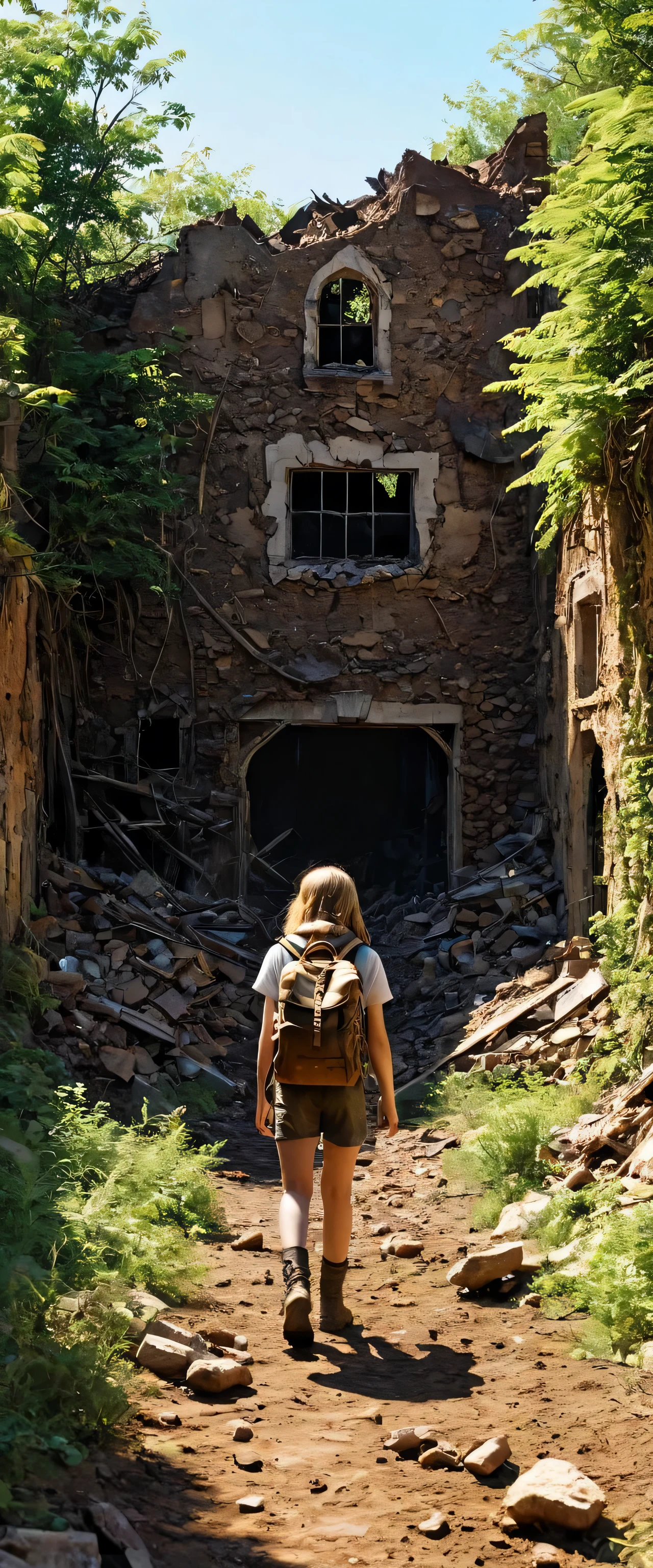 Landscape photo of wilderness and blue null,scrapped,Remains of a low building,Soil and rocks,Destroyed,burn marks,walking in a wilderness１０Year old girl:White:Bronze Hair,Back view,rucksack,The World War is over,But the family members who died won&#39;t come back.,Feelings of despair,sorrow,pessimism,Longing,Expressing the feelings of a girl who keeps walking despite despair,A scene from a movie,England,Moderately dirty,Survivors々Expressing relief and sorrow,They have to leave here soon.,farewell,hard,Photorealistic,Realistic texture,Realistic dirt,masterpiece,Intricate details,National Geographic,highest quality,Post-Apocalyptic Wasteland,Focus on the null,Realistic Light and Shadow,Multiple scattered puddles:Randomly and naturally:reflection:null,rendering,Unreal Engine,gray、Brown,Null color,Composition of thirds,Expressing hope with a beautiful blue null,A beautiful null in contrast to the wilderness