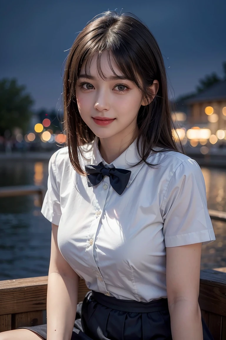 (8k, RAW photo, best quality, masterpiece:1.2), (realistic, photo-realistic:1.37), ultra-detailed, 1 girl,cute, solo,beautiful detailed sky,detailed cafe,night,sitting,dating,(nose blush),(smile:1.1),(closed mouth), medium breasts,beautiful detailed eyes,(collared shirt:1.1), bowtie, blue short,(medium hair:1.2),floating hair